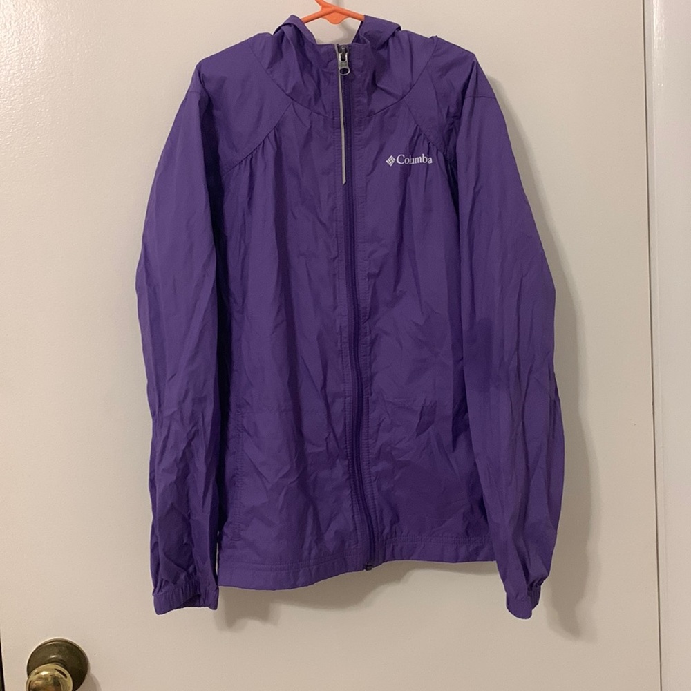 A purple Columbia rain coat